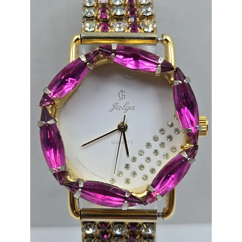 Jalga Womens Pink Crystals Rhinestones Dress Watch Gold Bracelet New Battery